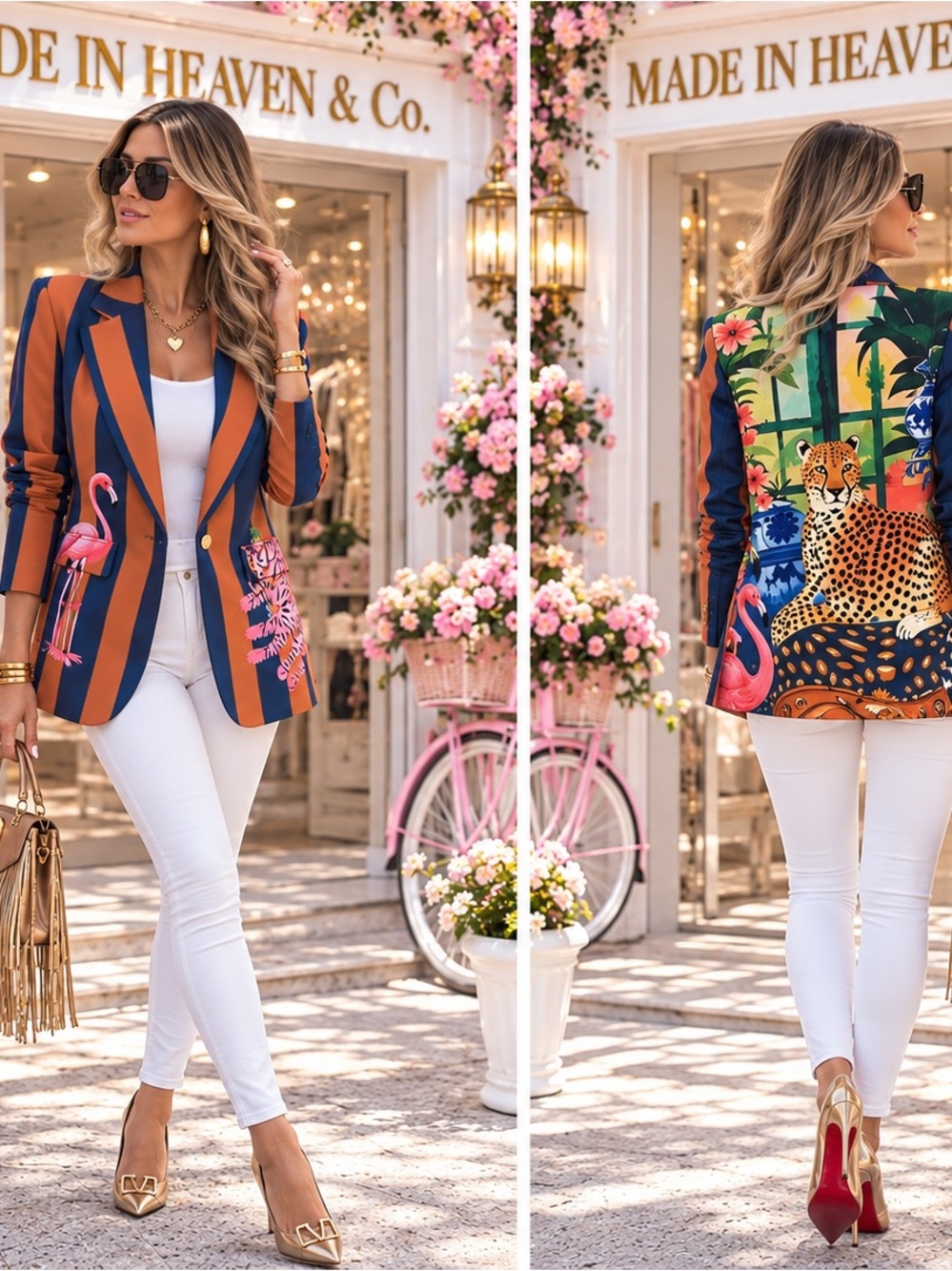 Women's Navy & Orange Striped Tropical-Print Blazer